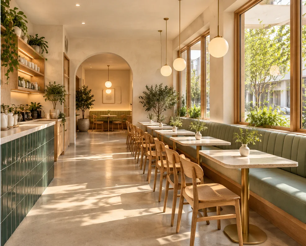 Concept of the café seating with a sage banquette and oak chairs by the windows