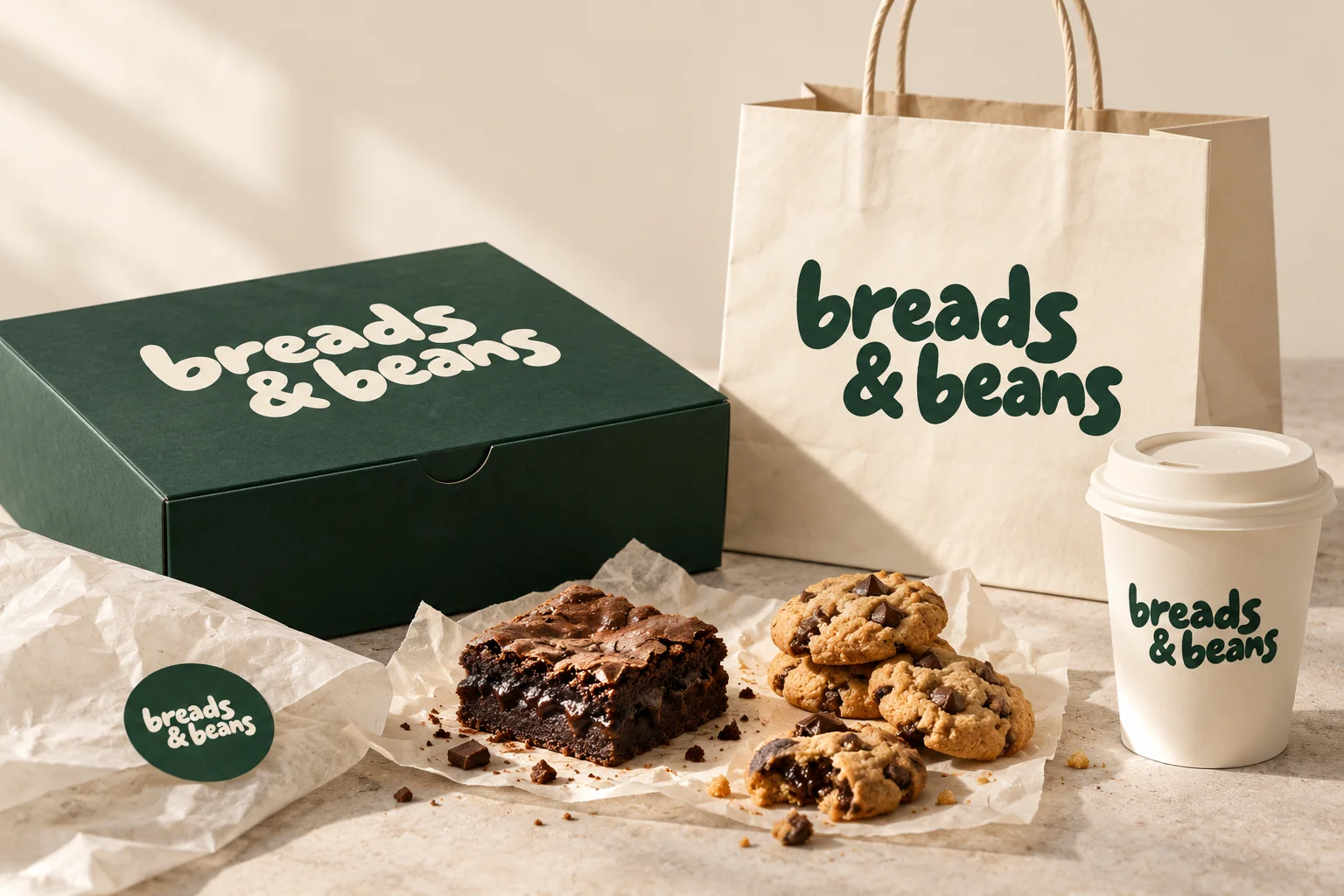 A forest-green Breads & Beans box, a kraft bag and a cup, with a brownie and choco chip cookies on paper