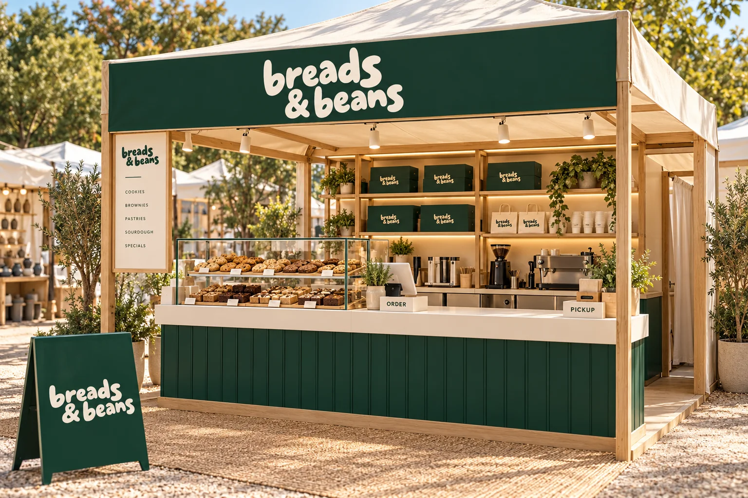Concept of the Breads & Beans pop-up stall with a canvas canopy and a green counter