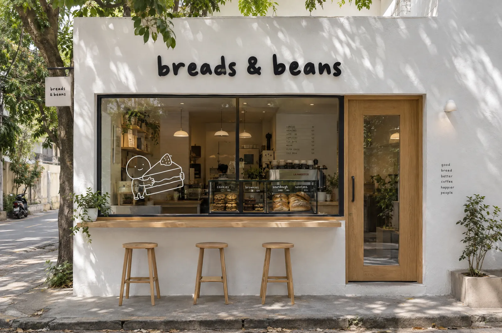Concept of a white Breads and Beans café front with oak stools and a cake-hug drawing on the glass